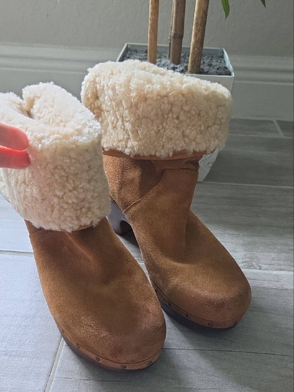 UGG Chestnut Suede Shearling Cuff Heeled Clogs